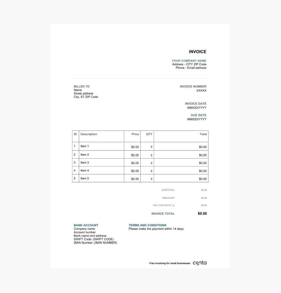 Printable Invoice Template Free Invoice Format Excel Word PDF Conta