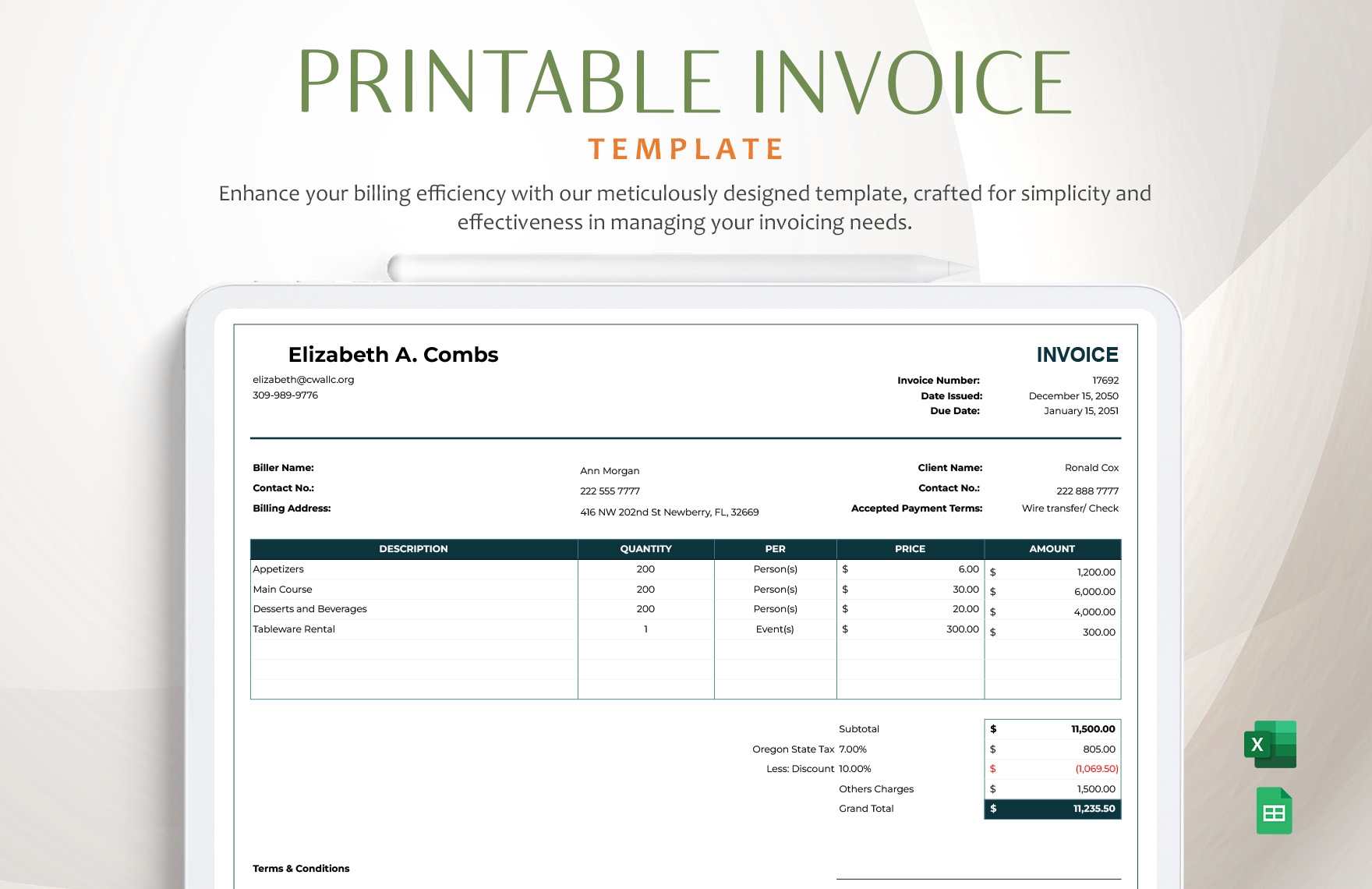 Printable Invoice Template In Excel Google Sheets Download Template