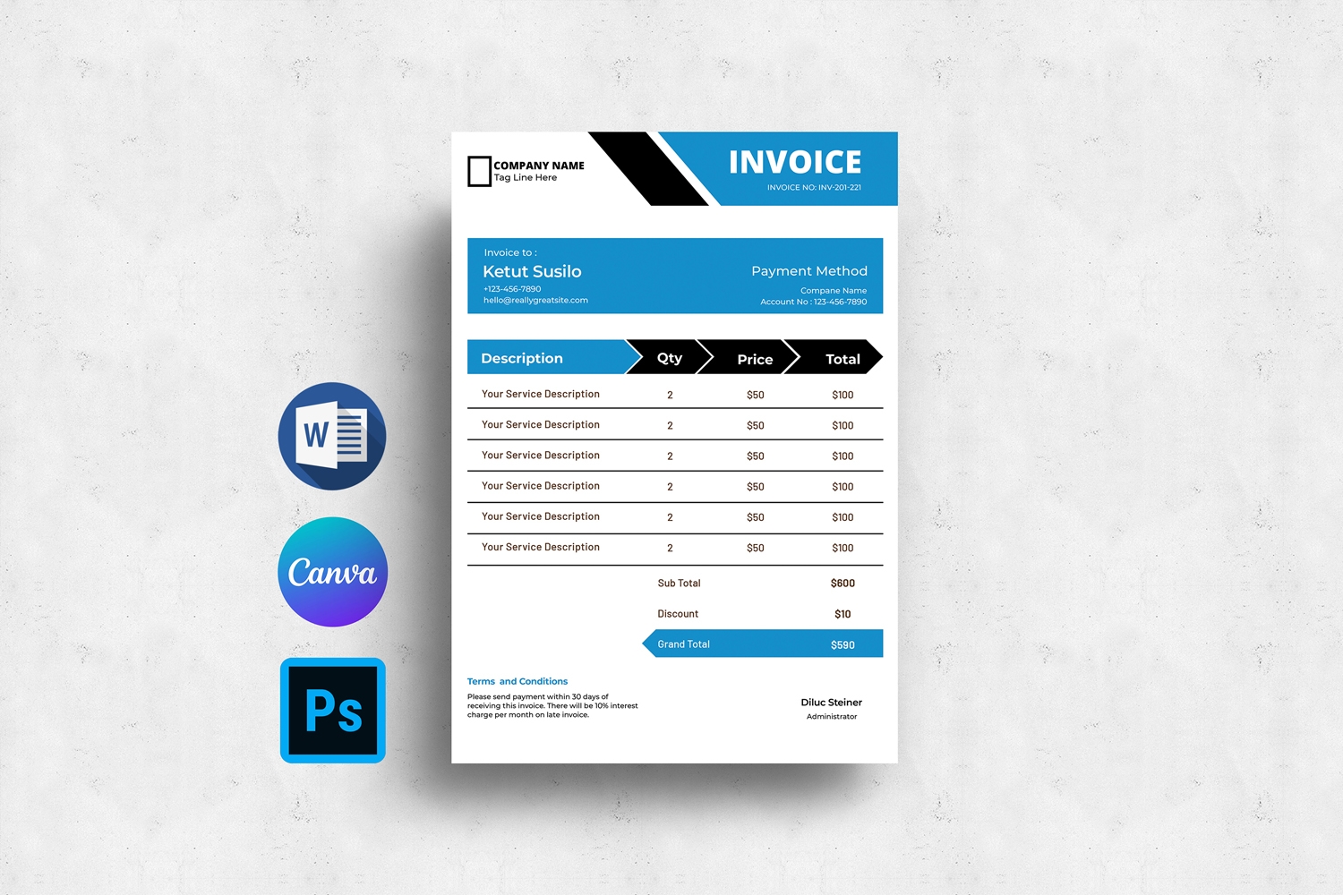 Printable Invoice Template Word Canva And Photoshop Template