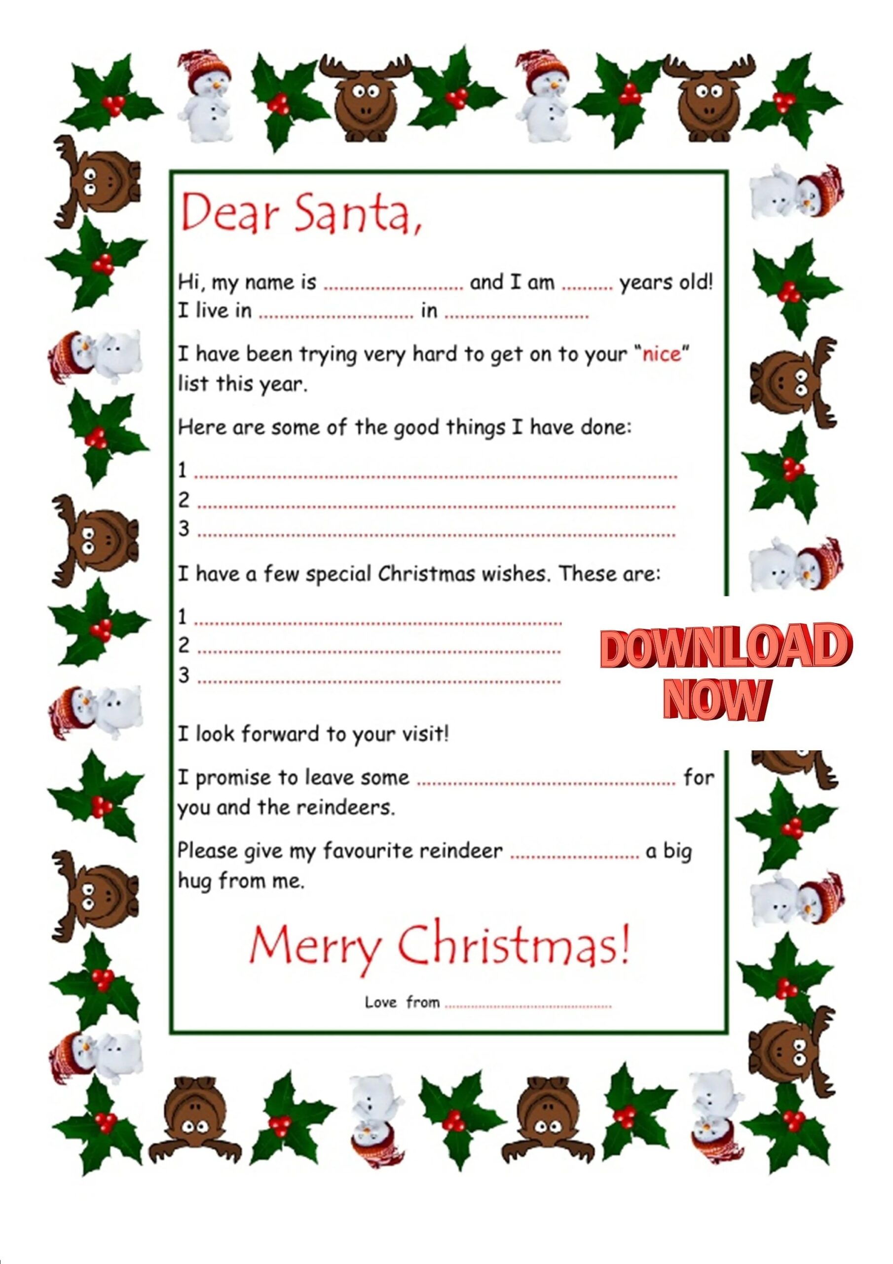 Printable Letter To Santa Instant Download A4 PDF Santa Letter With Christmas List Etsy Hong Kong