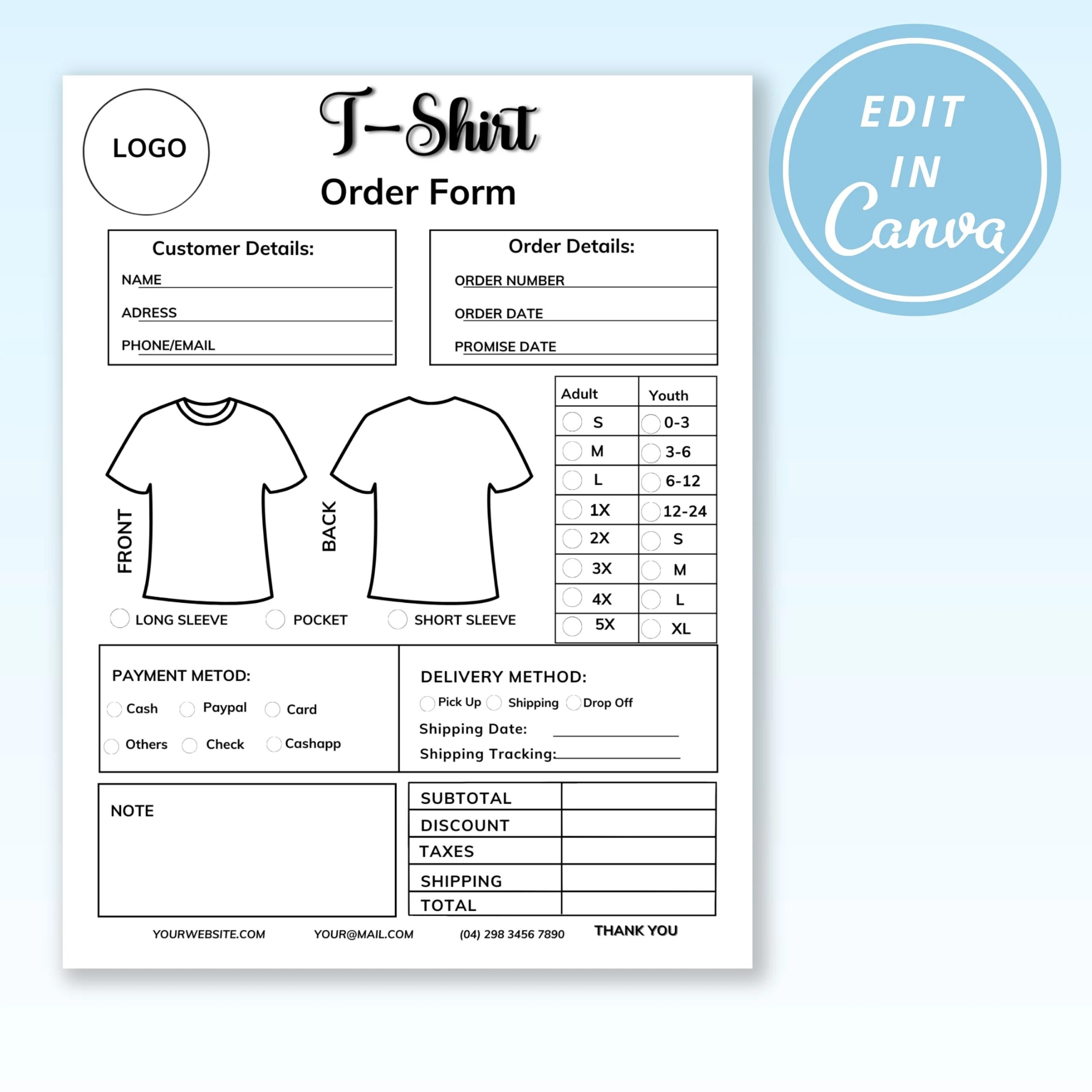 Shirt Order Form I Order Form Template I Custom Hoodie Canva Template Craft Order Form Etsy