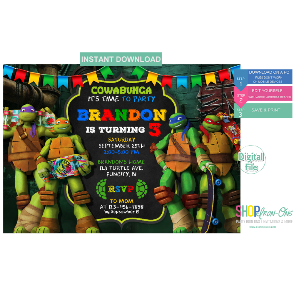 Teenage Mutant Ninja Turtle Invitations TMNT Digital Template Editable PDF Free Thank You Card