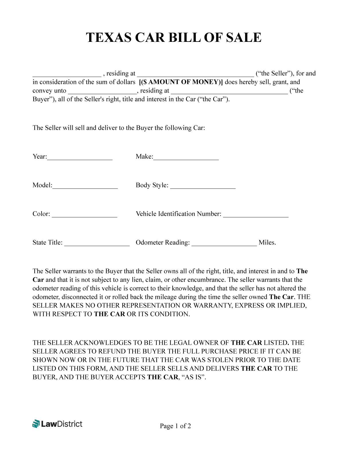 Texas Bill Of Sale Forms DMV Firearm LawDistrict