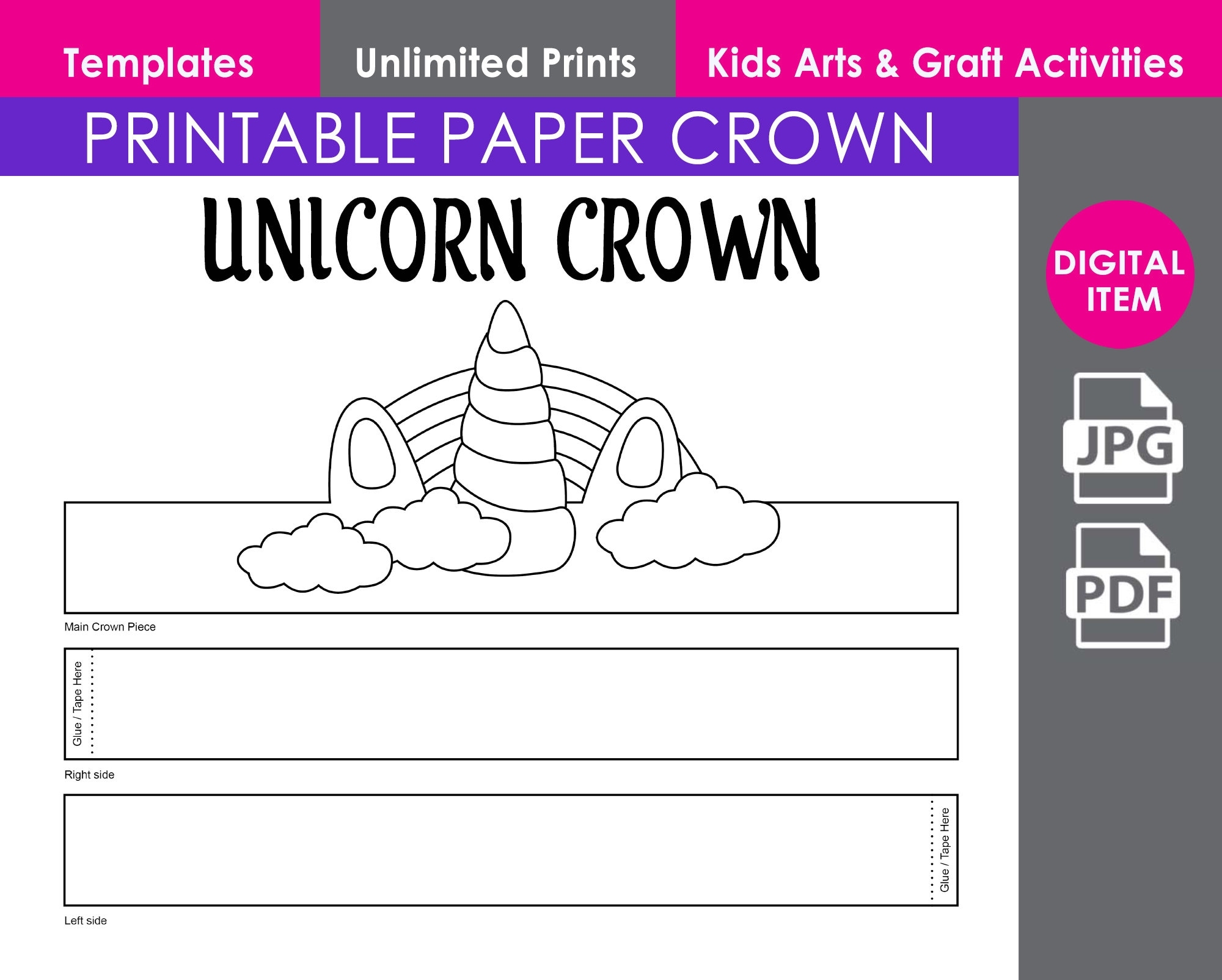 Unicorn Rainbow Printable Paper Crown Print Cut Crown Template Party D cor Kids Accessories Kids Party Craft Etsy