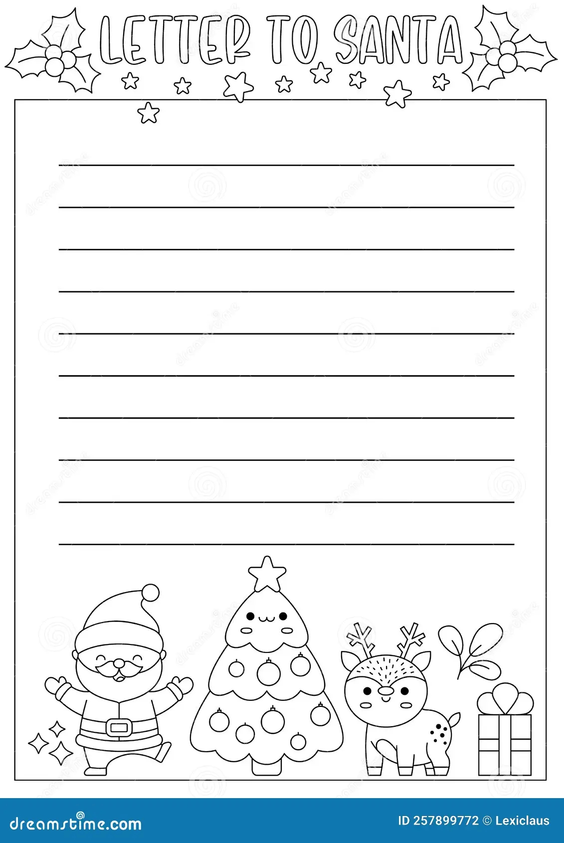 Vector Black And White Letter To Santa Claus Template Cute Line Kawaii Christmas Card Design Stock Vector Illustration Of Layout Berry 257899772
