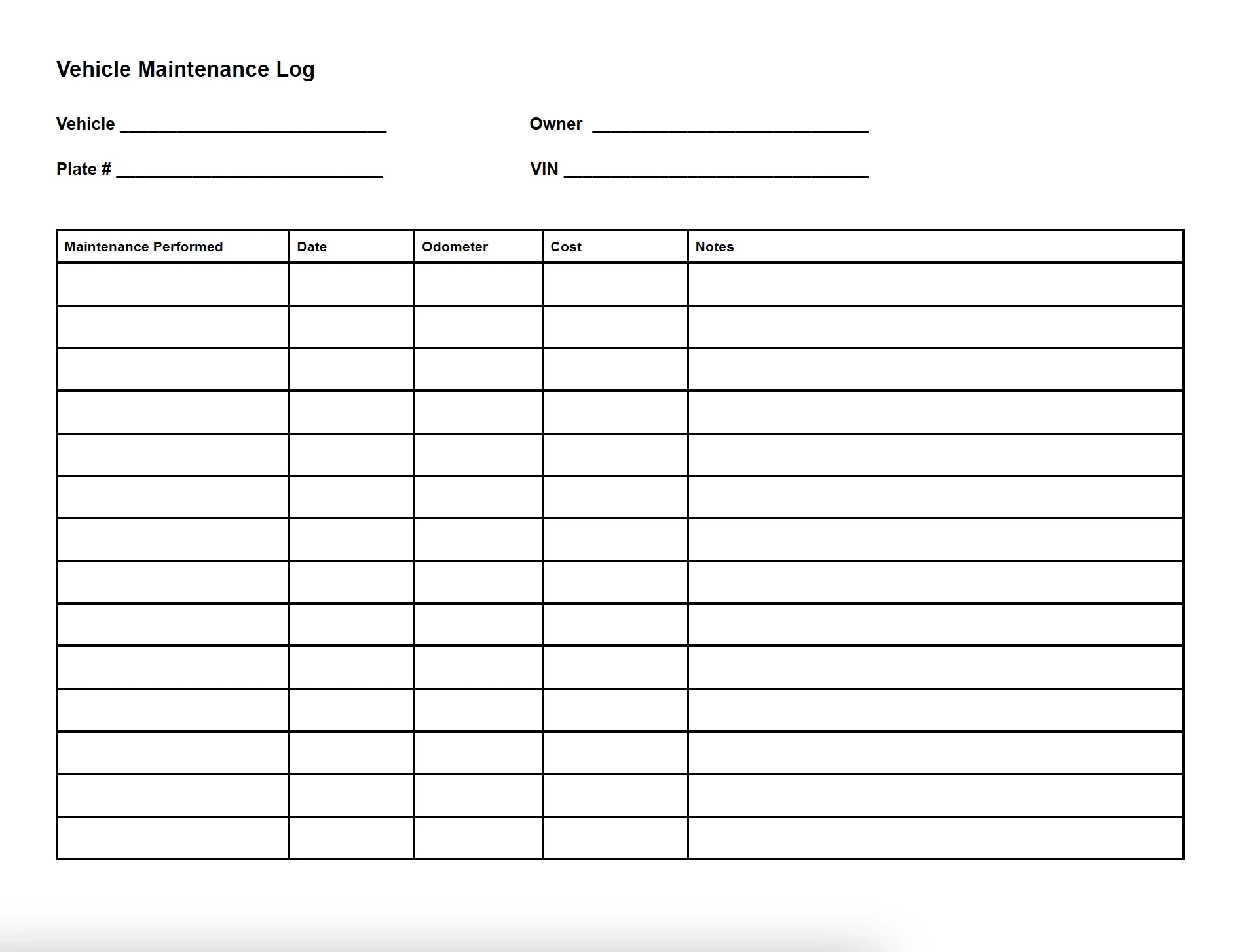 Vehicle Maintenance Log PFD Template