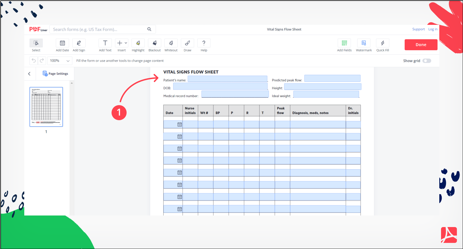 Vital Signs Flow Sheet Sign Forms Online PDFliner