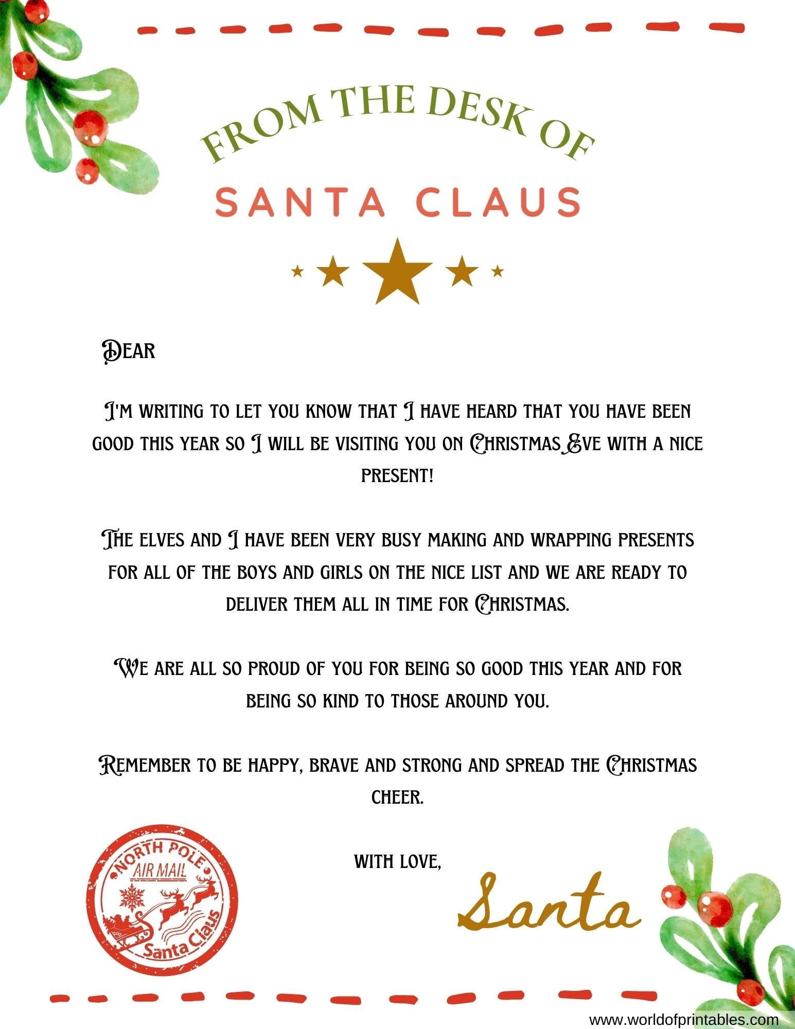 Free Printable Letter From Santa Template Word Pdf