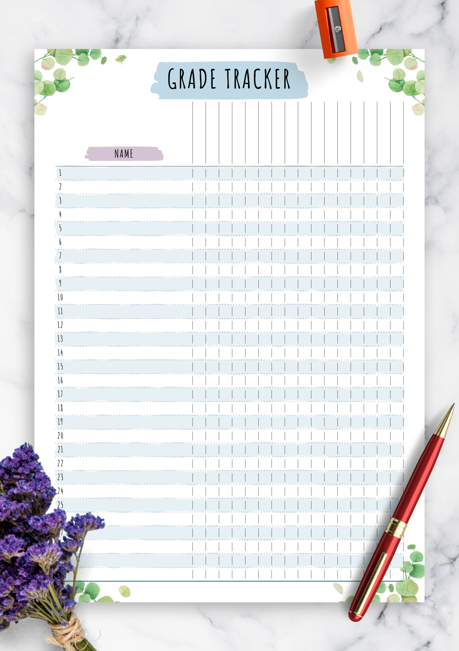 download printable gradebook template floral style pdf