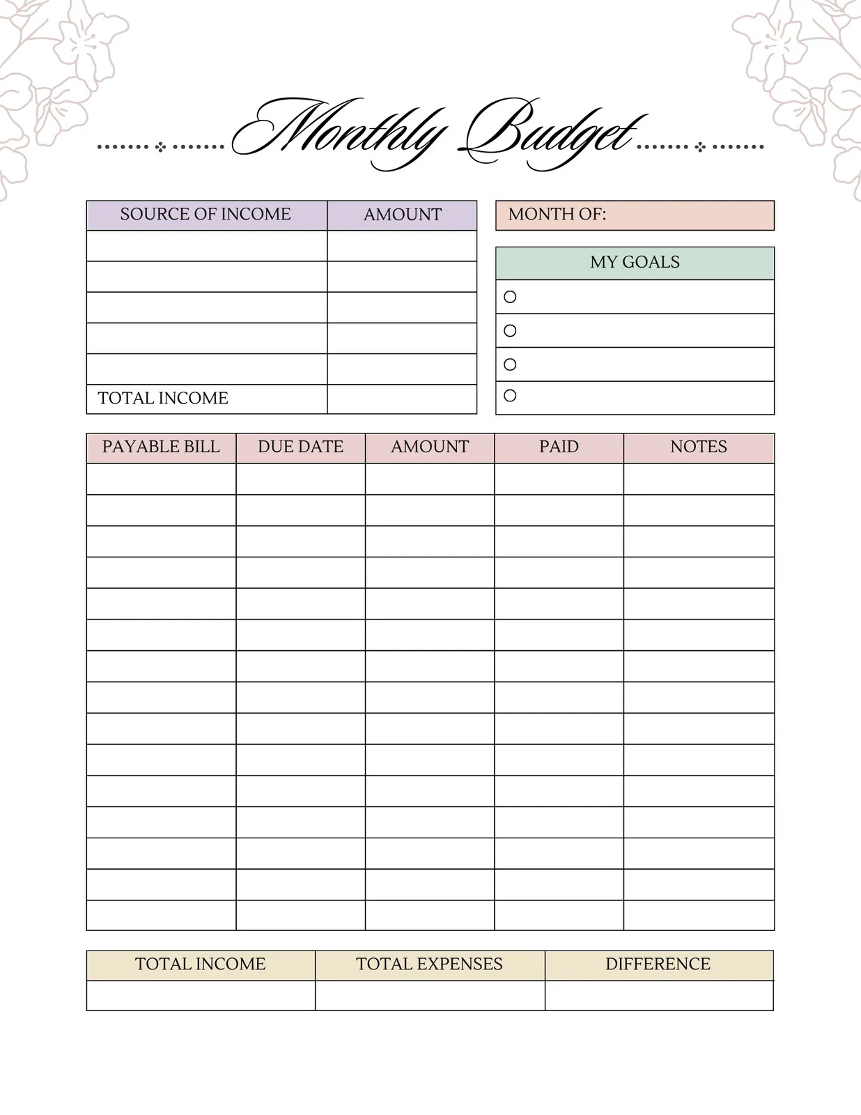 Monthly Budget Template Printable Free