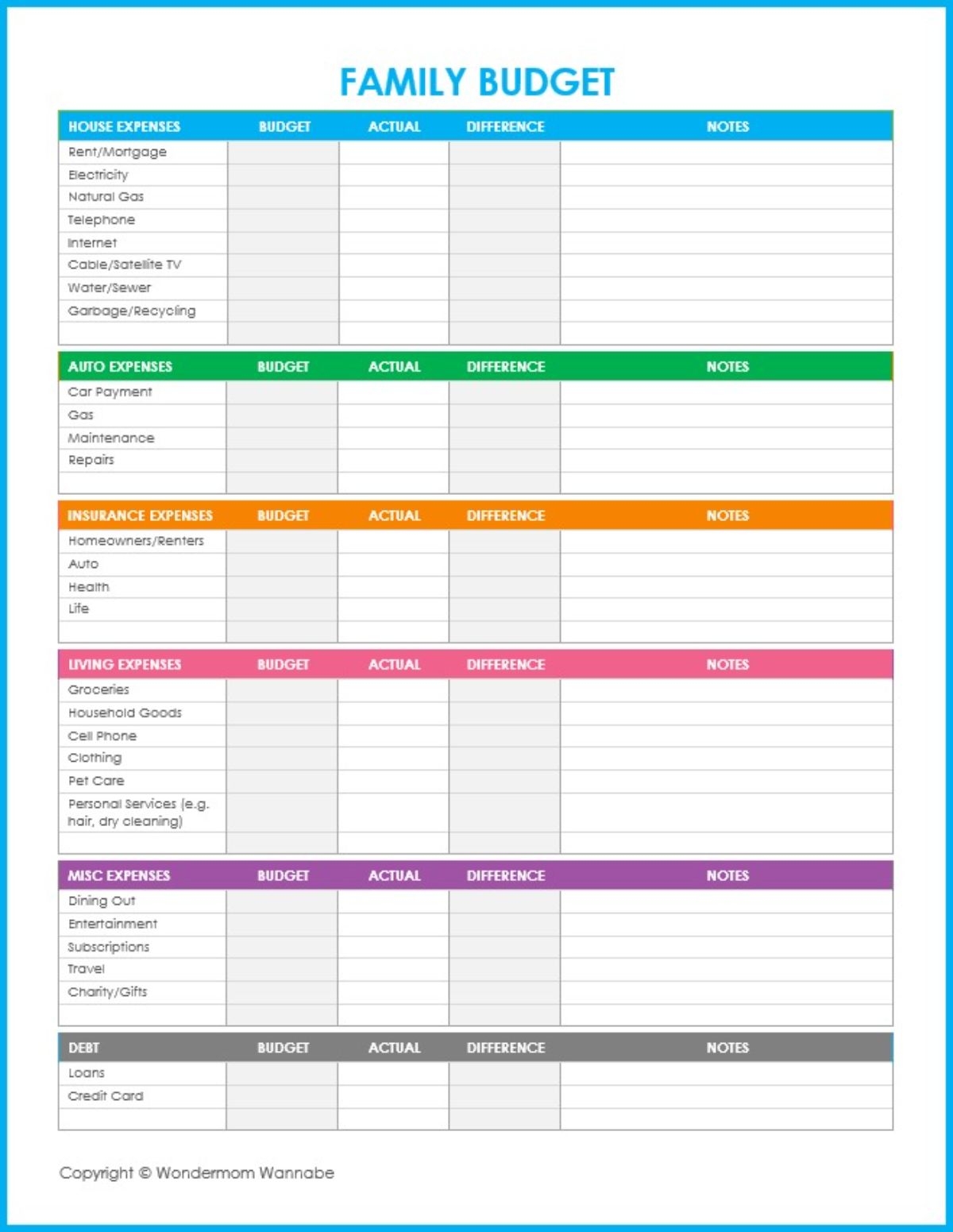 Free Household Budget Template Printable